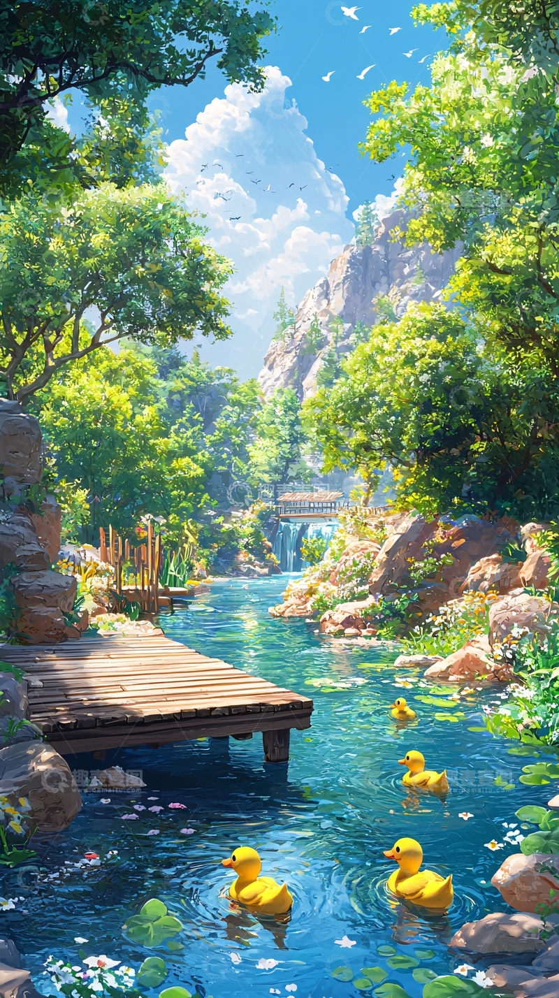 高清大图下载【趣麦麦图】清澈溪流木桥小黄鸭