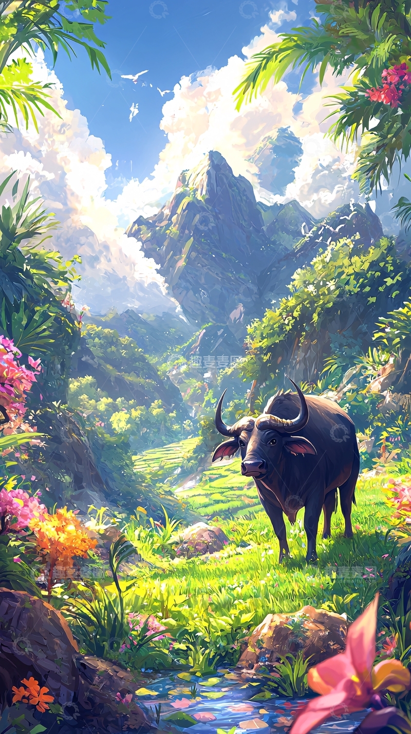 高清大图下载【趣麦麦图】热带风光水牛田园