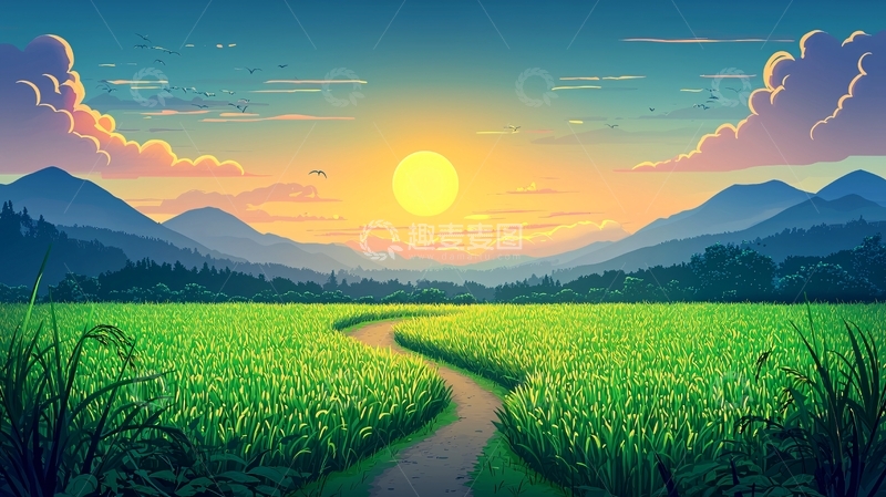 高清大图下载【趣麦麦图】田野小路日出唯美风景