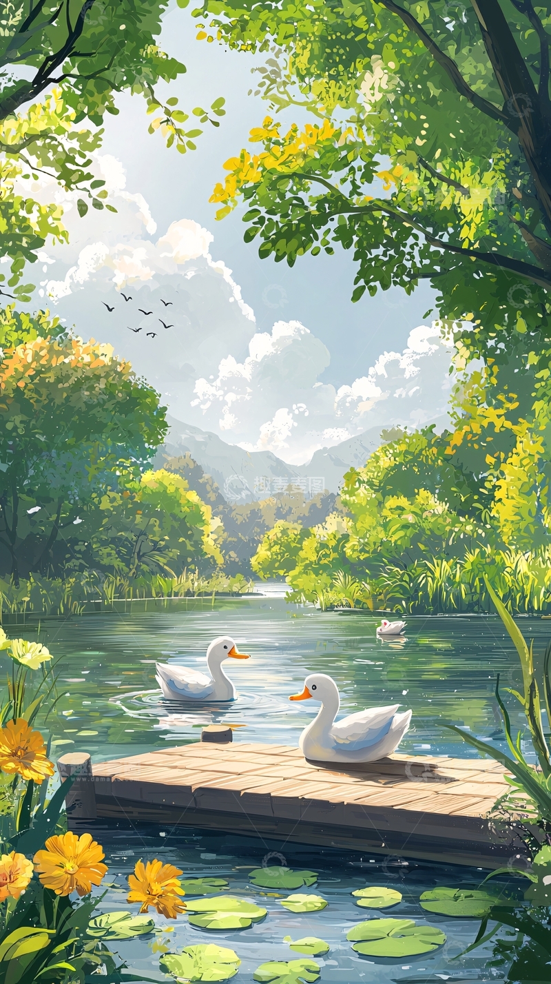 高清大图下载【趣麦麦图】绿色湖泊白鹅风景画