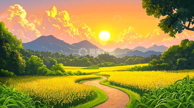 高清大图下载【趣麦麦图】金色田野上的日落美景
