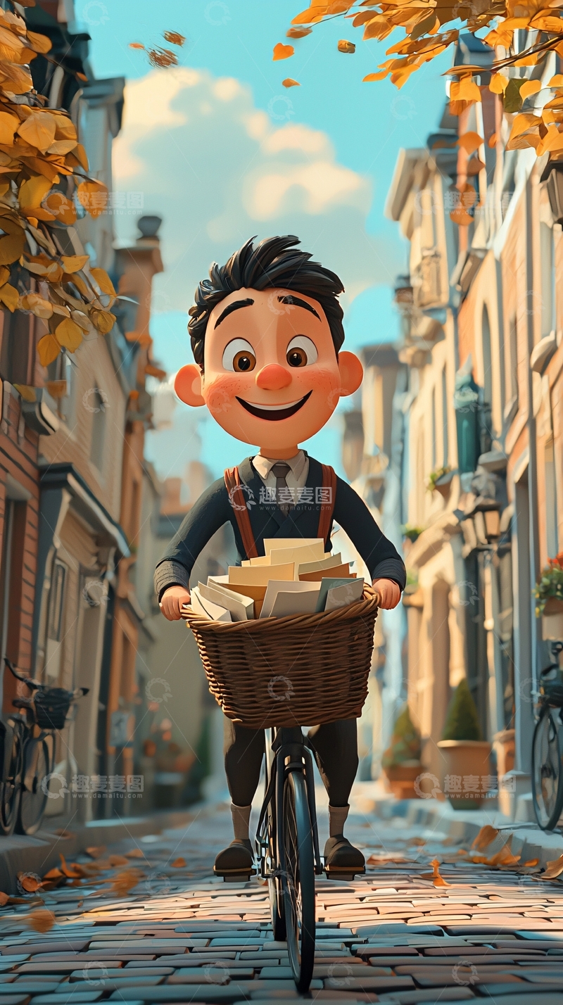 高清大图下载【趣麦麦图】骑自行车送信的卡通男孩
