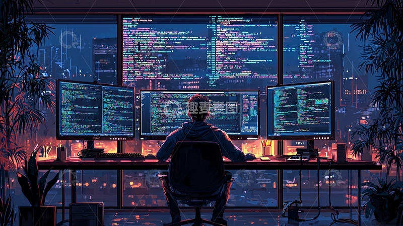 高清大图下载【趣麦麦图】程序员背影对着多屏幕