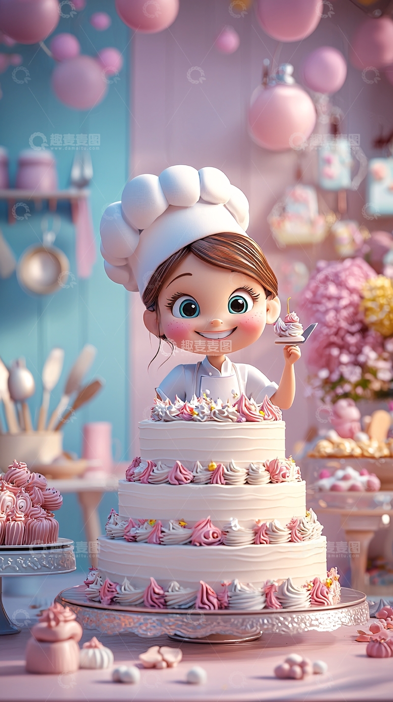 高清大图下载【趣麦麦图】卡通厨师制作蛋糕