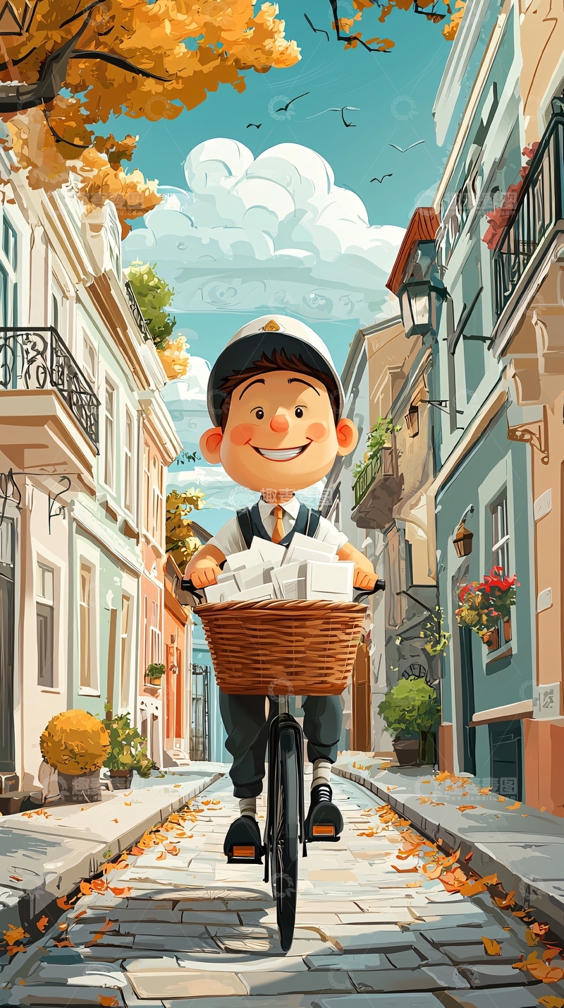 高清大图下载【趣麦麦图】秋日邮递员骑车送邮件