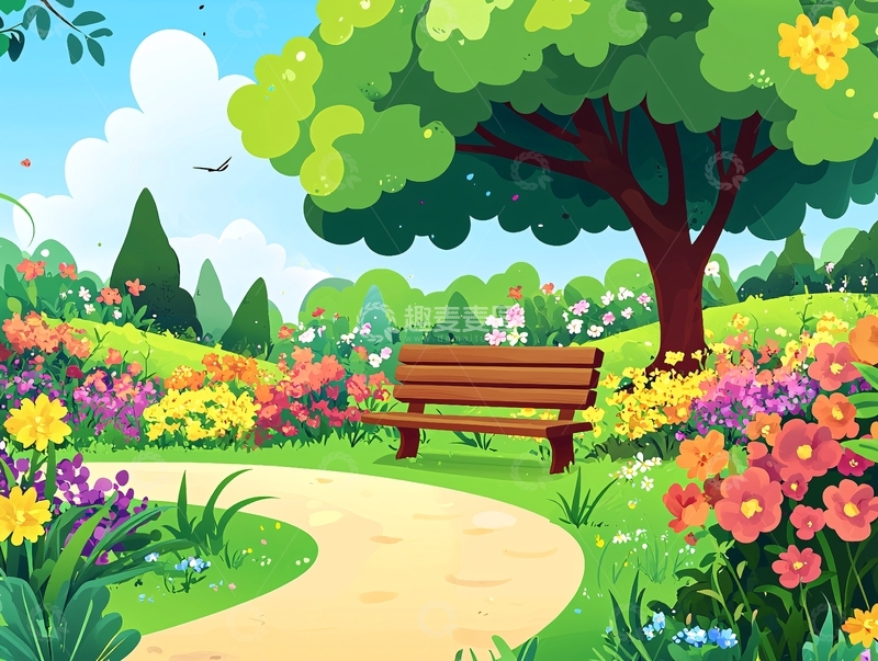 高清大图下载【趣麦麦图】公园长椅鲜花绿树