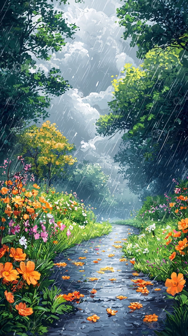 高清大图下载【趣麦麦图】雨中花园小路景色