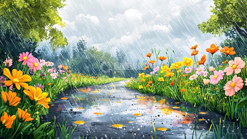 高清大图下载【趣麦麦图】雨中花田小溪