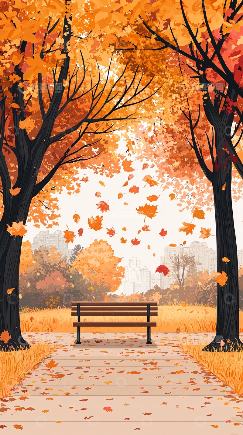 高清大图下载【趣麦麦图】秋日公园长椅落叶