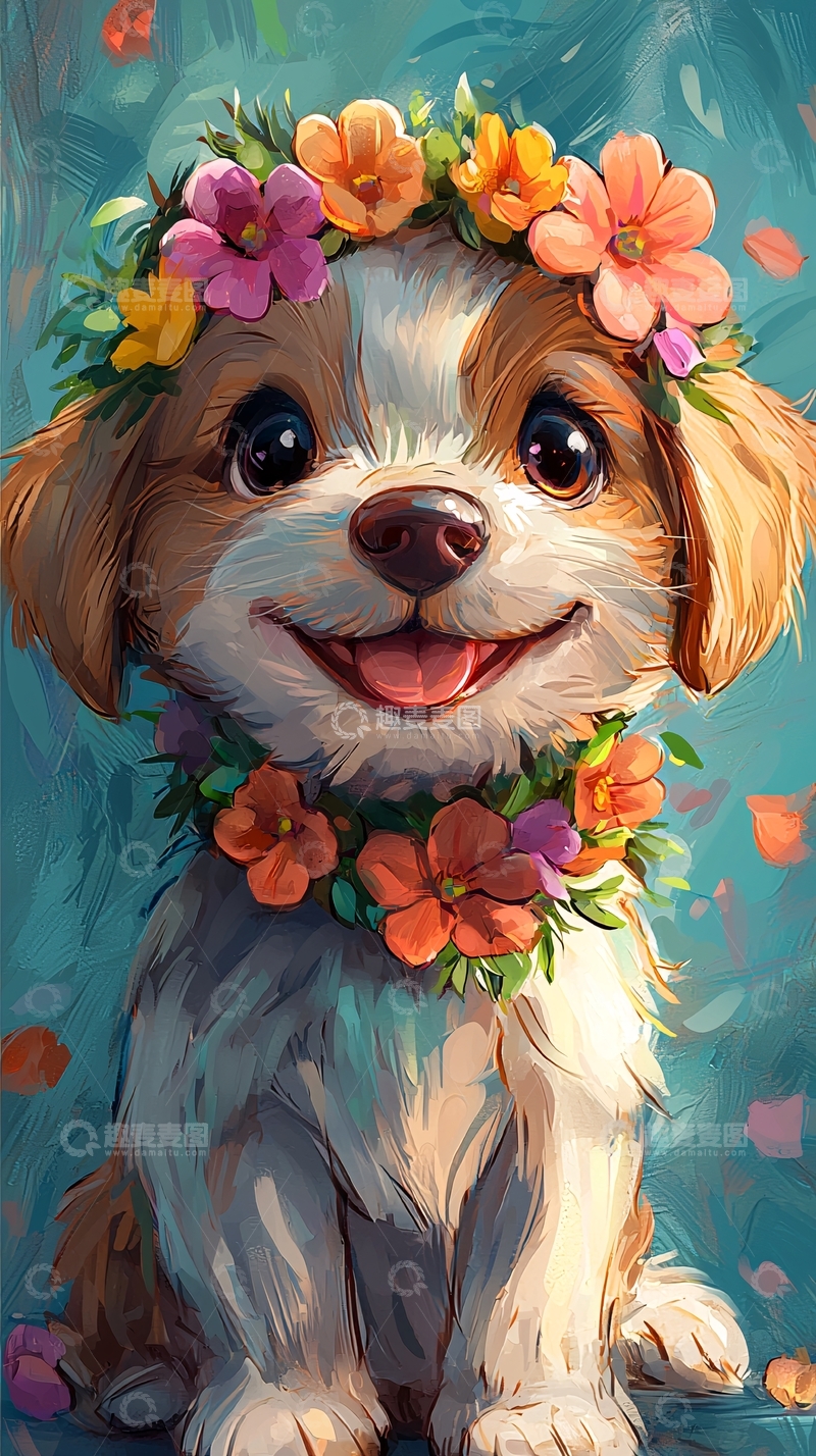 高清大图下载【趣麦麦图】戴着花环的可爱小狗