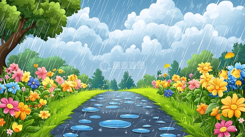 高清大图下载【趣麦麦图】雨中花路