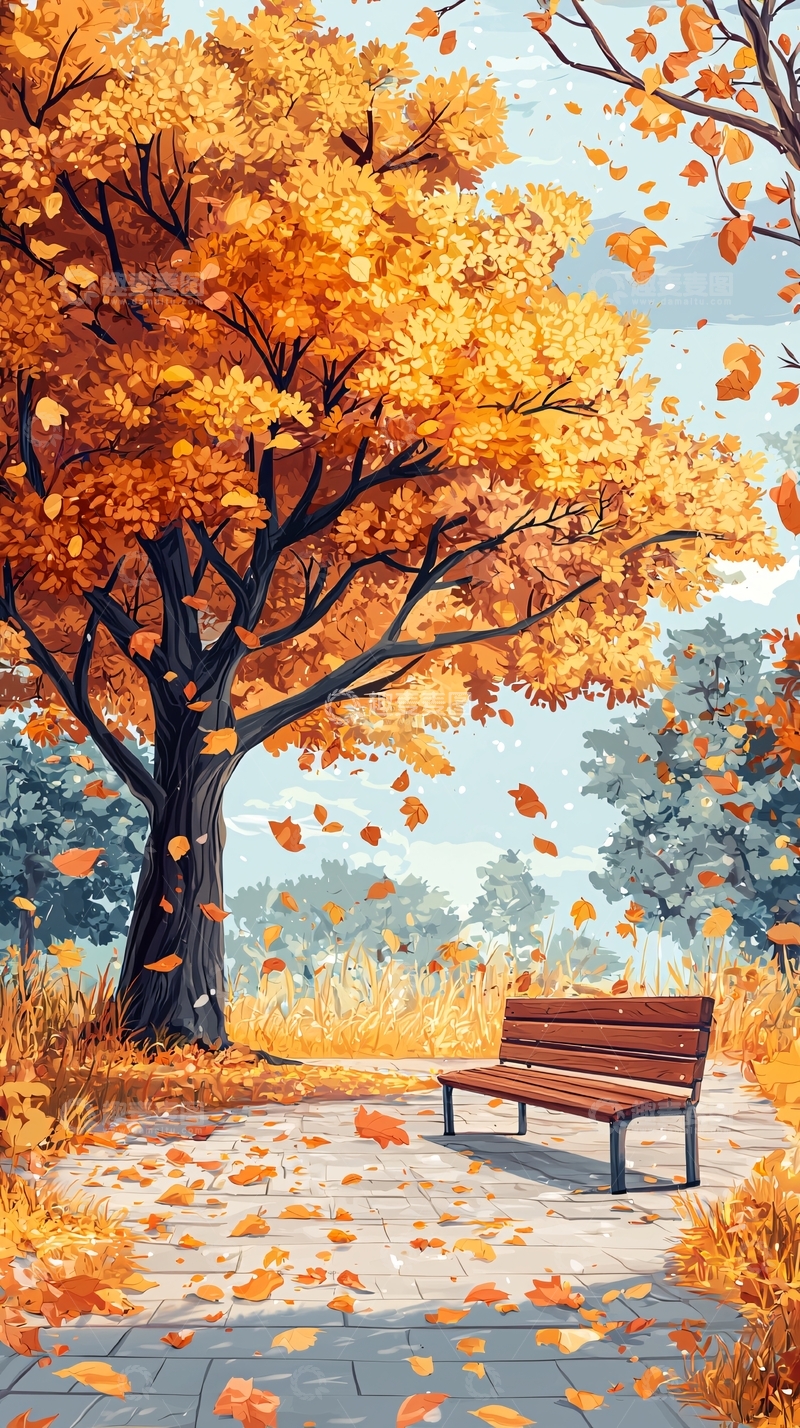 高清大图下载【趣麦麦图】秋日公园长椅落叶