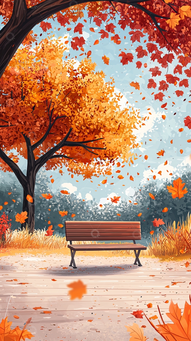 高清大图下载【趣麦麦图】秋日公园长椅落叶纷飞