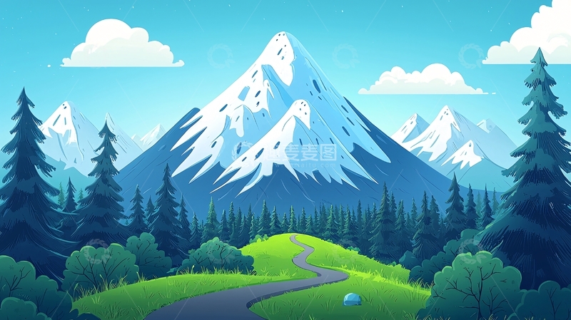 高清大图下载【趣麦麦图】卡通雪山绿地小路