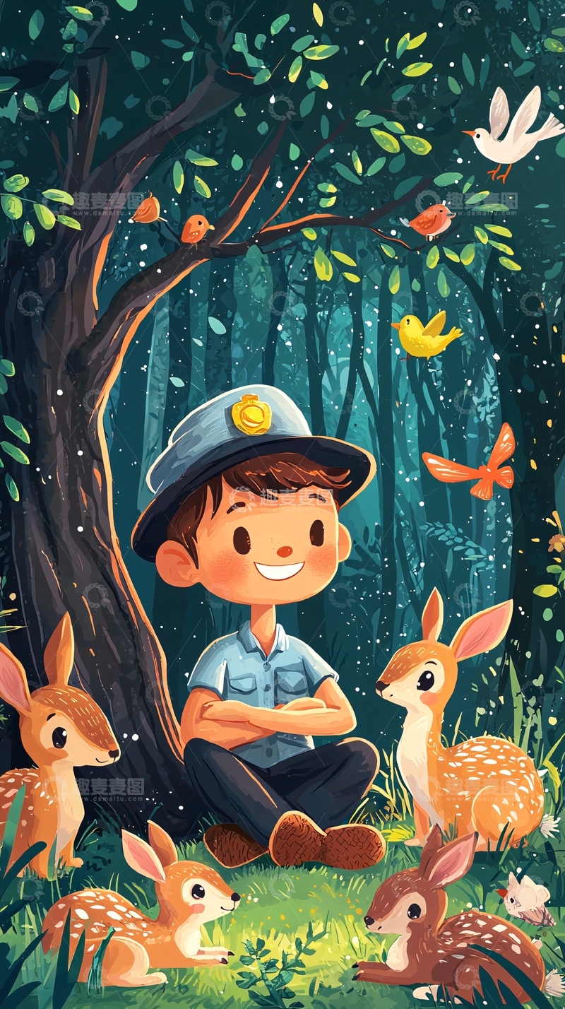 高清大图下载【趣麦麦图】卡通男孩与小动物在森林里