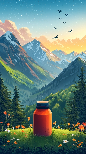 药瓶置于山谷草地前