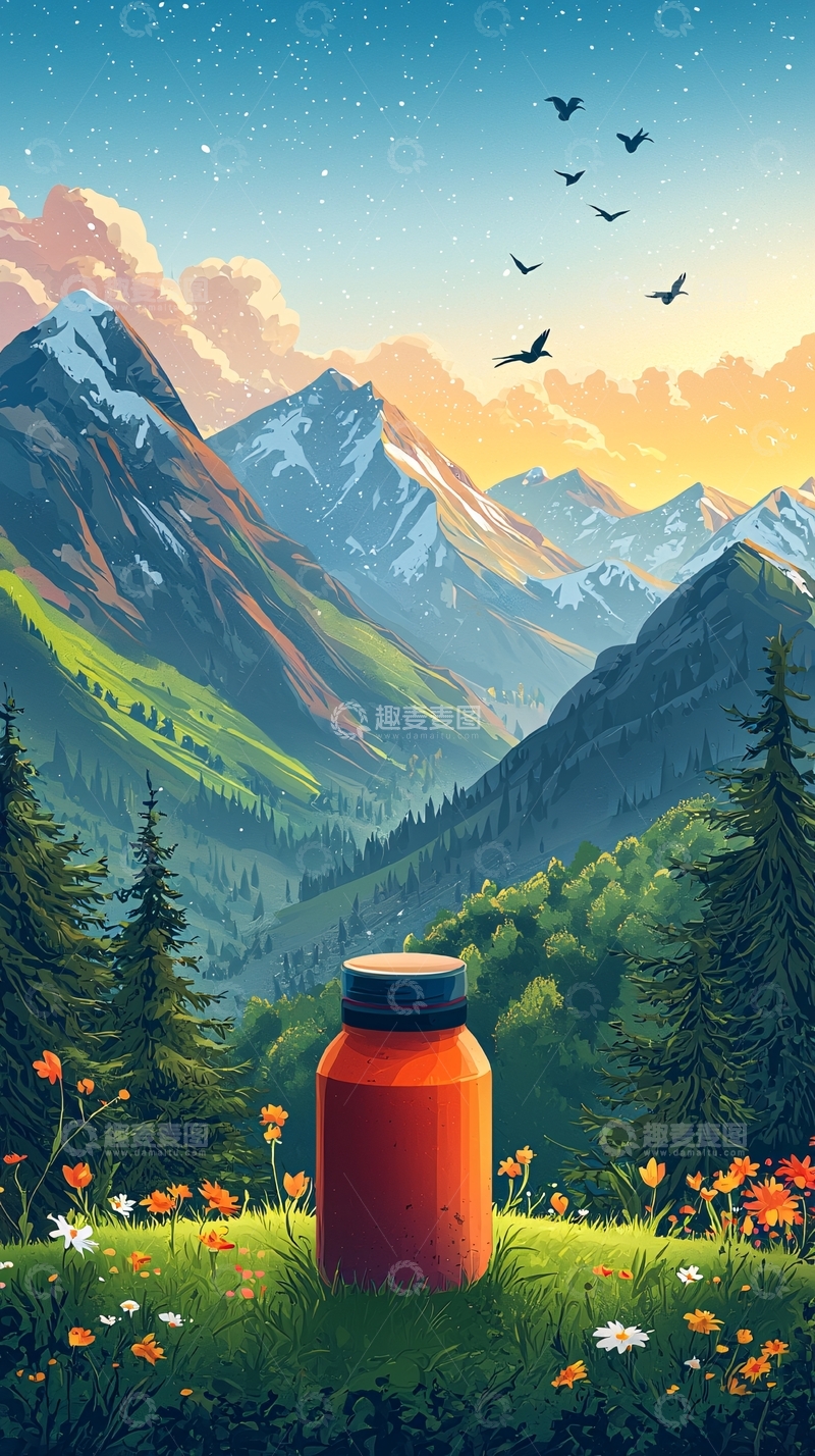 高清大图下载【趣麦麦图】药瓶置于山谷草地前