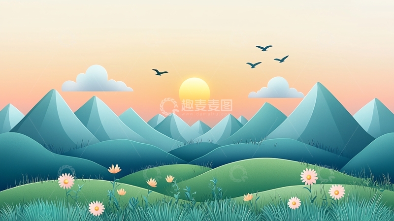高清大图下载【趣麦麦图】日落山峦剪纸风格