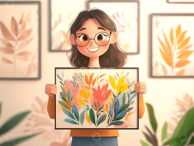 高清大图下载【趣麦麦图】女孩展示花卉画作