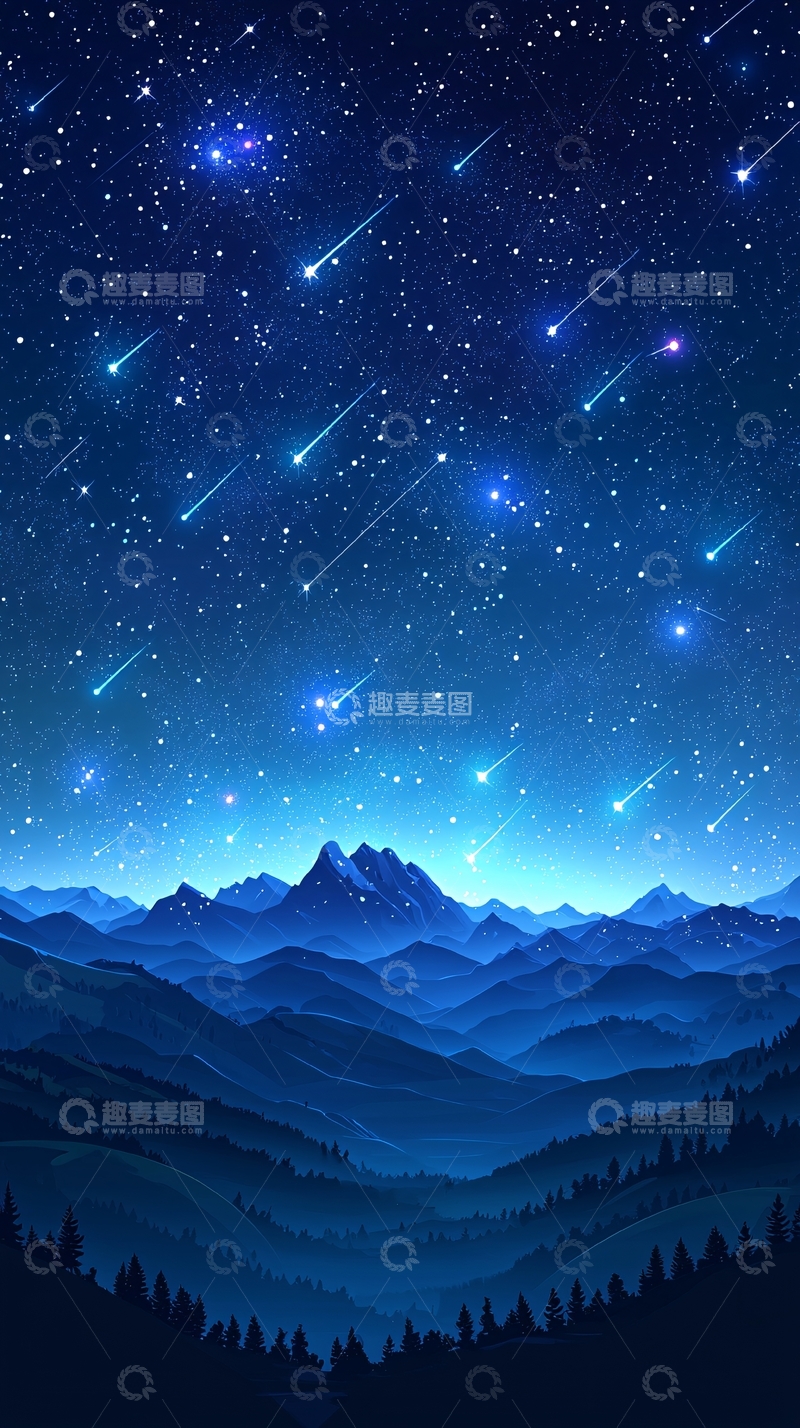 高清大图下载【趣麦麦图】蓝色星空流星雨山脉