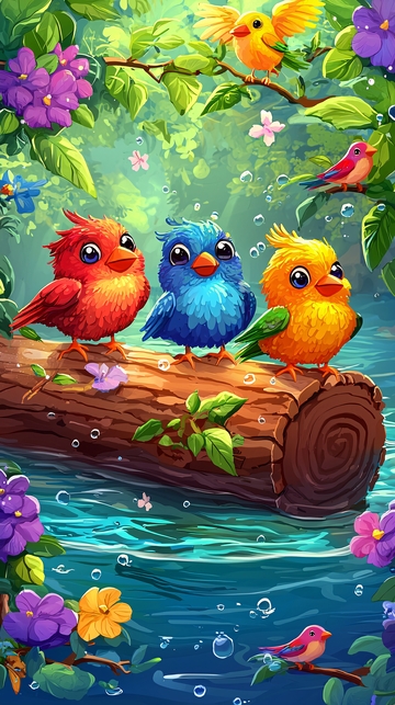 卡通小鸟在树桩上