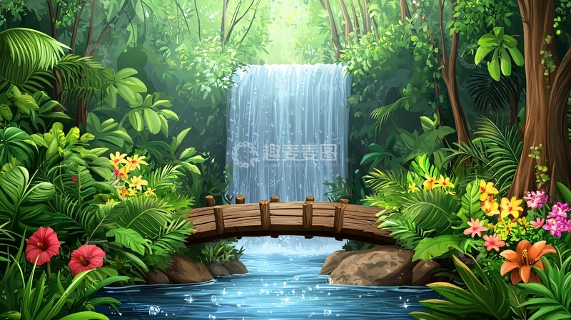 高清大图下载【趣麦麦图】热带雨林瀑布木桥风景