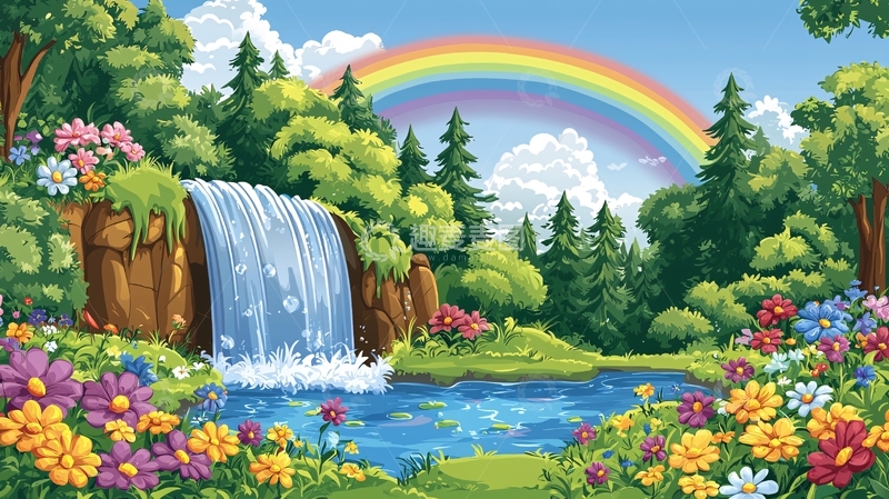 高清大图下载【趣麦麦图】彩虹瀑布森林风景