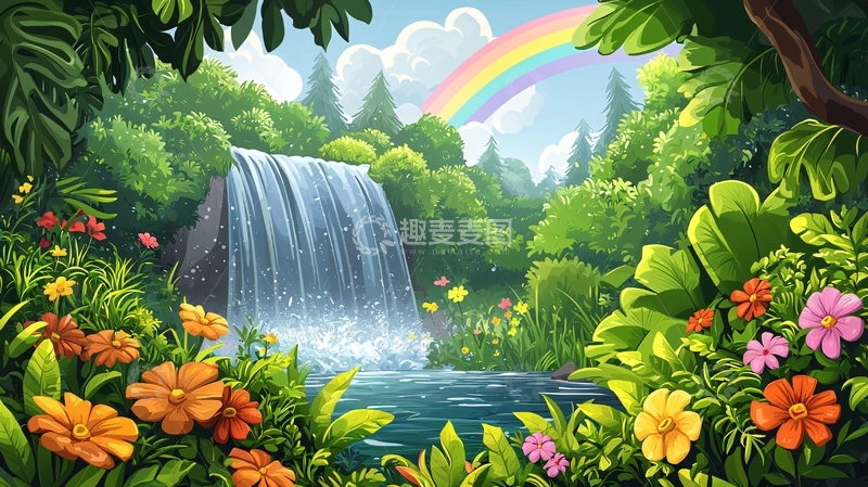 高清大图下载【趣麦麦图】梦幻般的瀑布彩虹森林