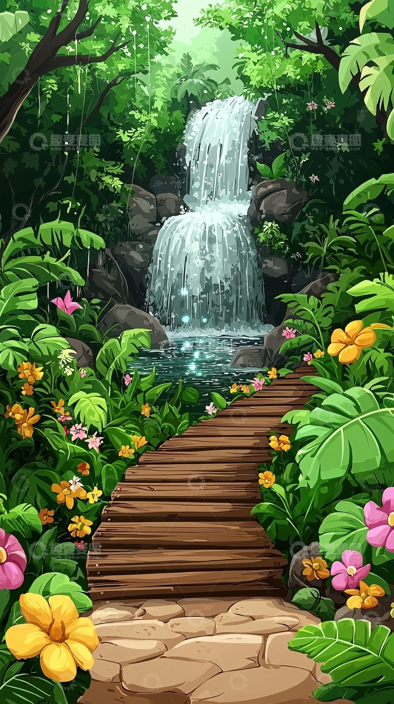 高清大图下载【趣麦麦图】茂密雨林瀑布木栈道