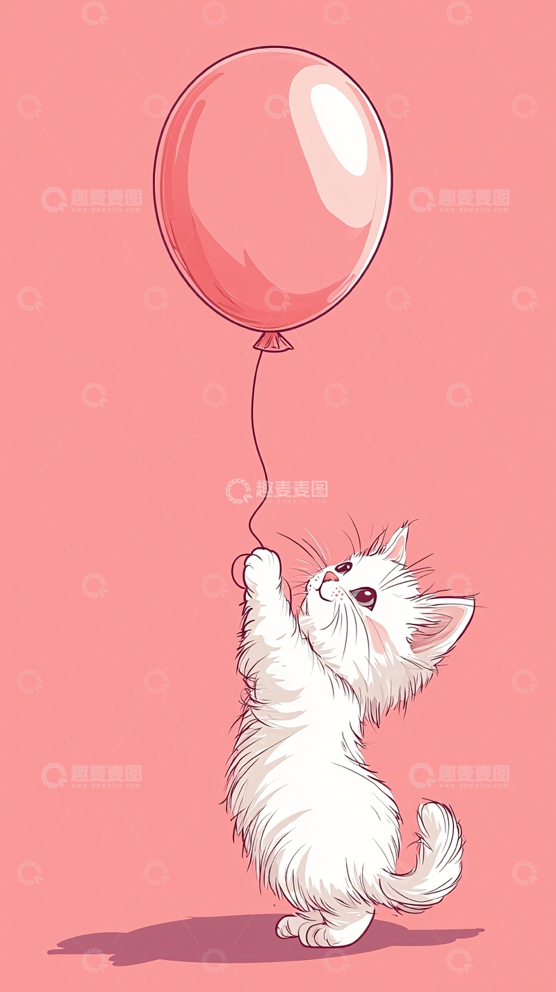 高清大图下载【趣麦麦图】白色小猫抓着粉色气球