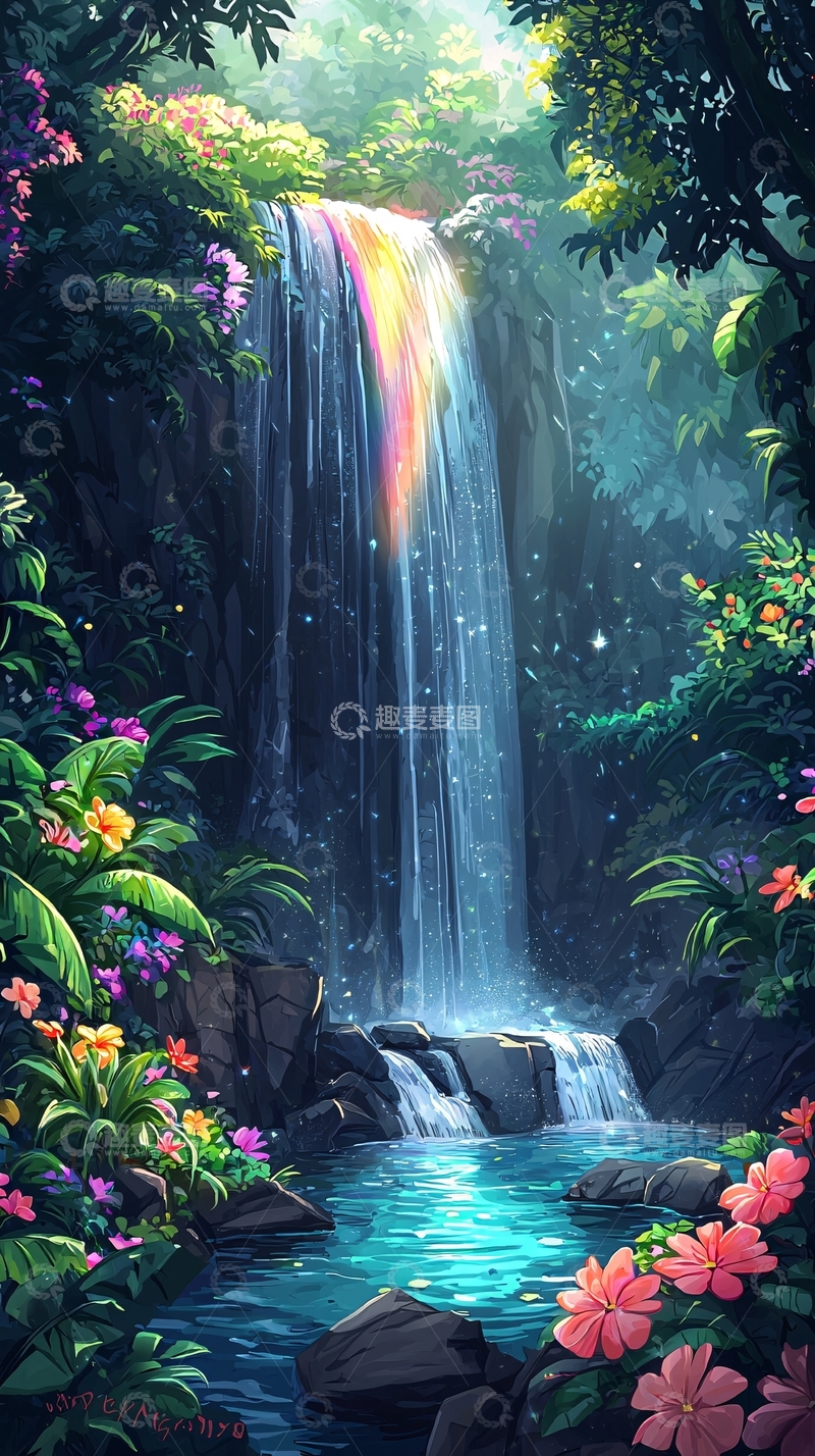 高清大图下载【趣麦麦图】梦幻森林瀑布景色