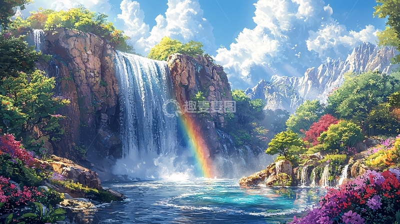 高清大图下载【趣麦麦图】梦幻瀑布彩虹风景