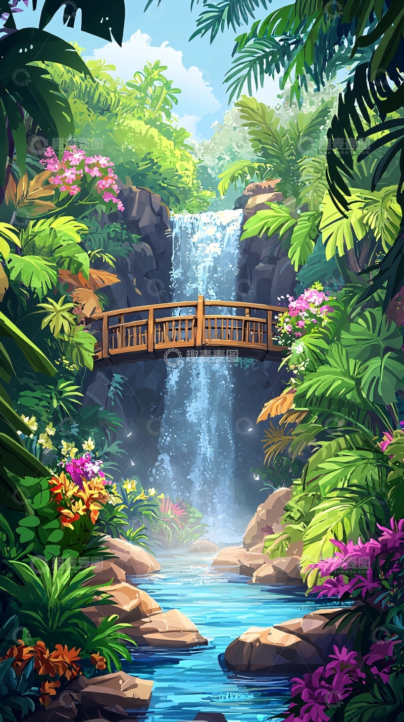 高清大图下载【趣麦麦图】热带雨林瀑布木桥风景