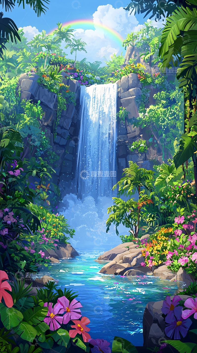 高清大图下载【趣麦麦图】热带雨林瀑布风景画
