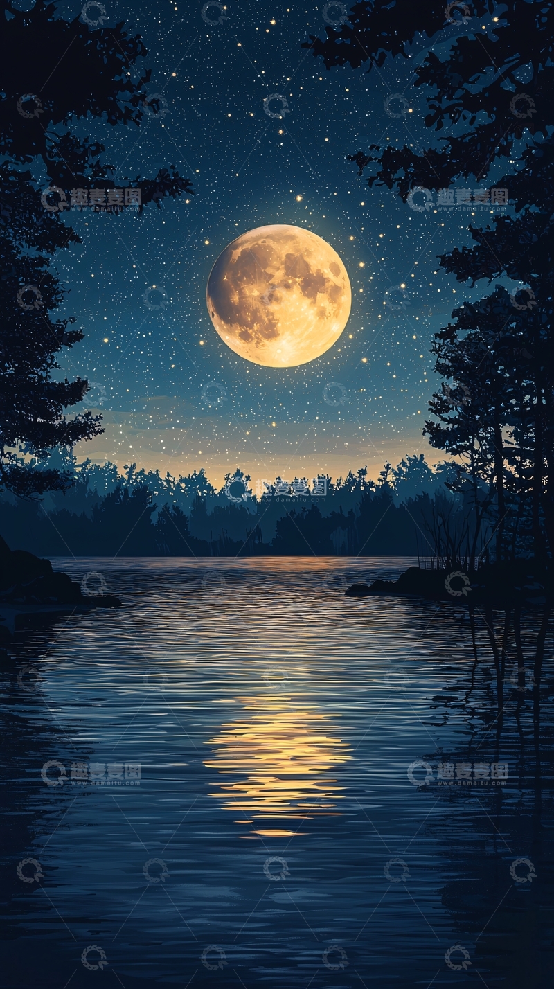 高清大图下载【趣麦麦图】湖面上倒映着满月和星空