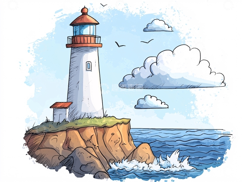 高清大图下载【趣麦麦图】灯塔海边风景手绘风格