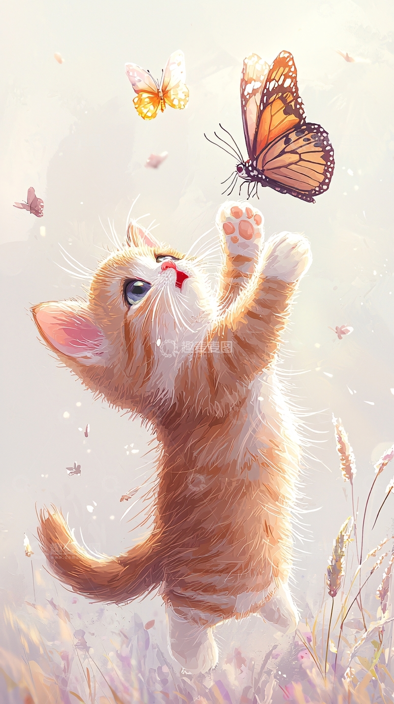 高清大图下载【趣麦麦图】小猫追逐蝴蝶