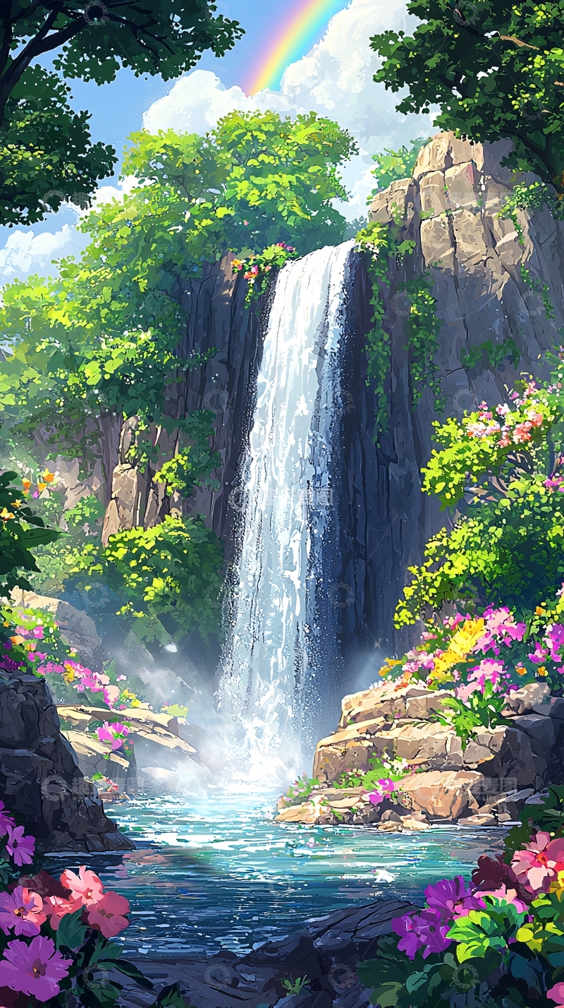 高清大图下载【趣麦麦图】壮丽瀑布彩虹美景