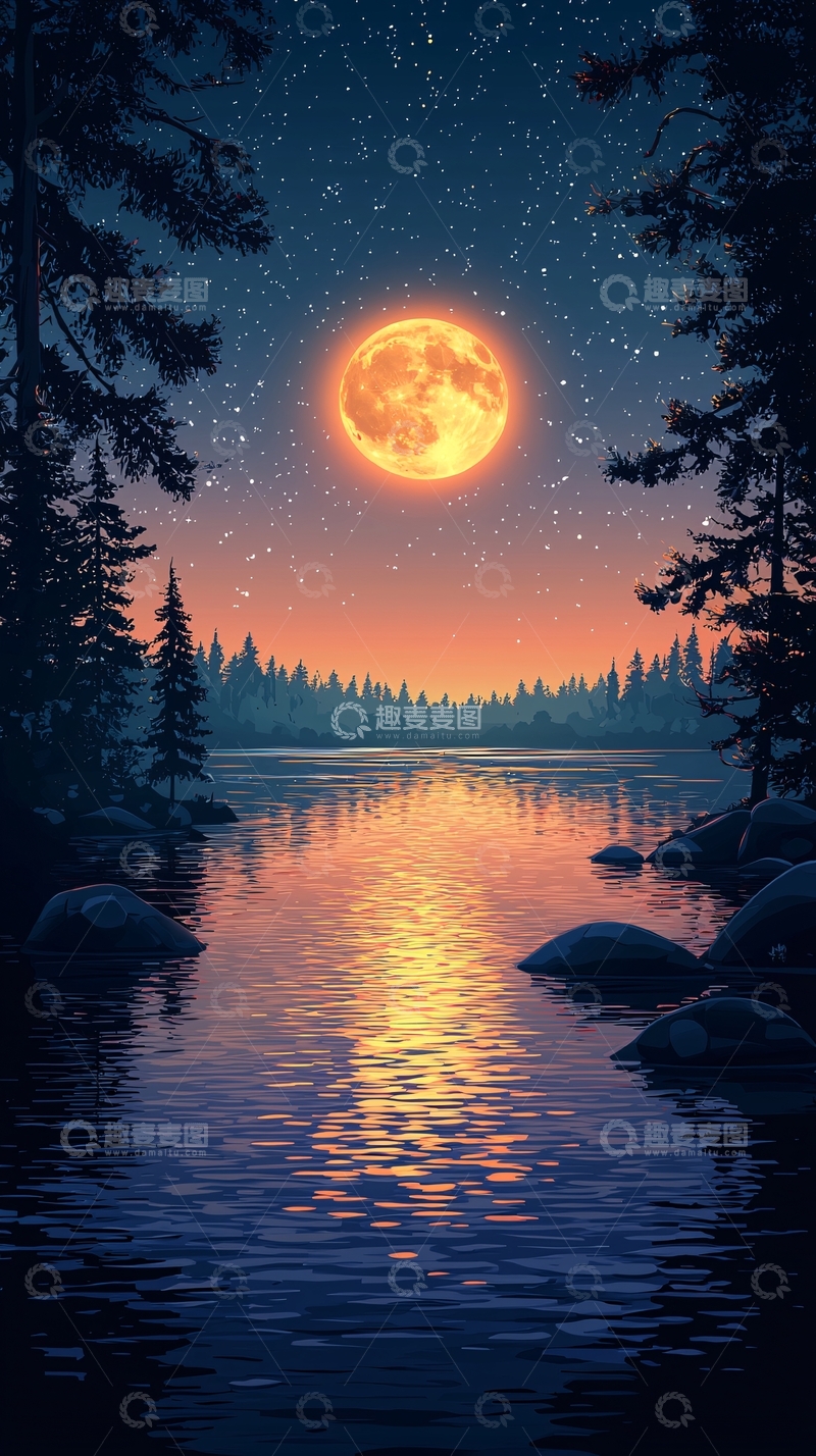 高清大图下载【趣麦麦图】宁静的月光湖面