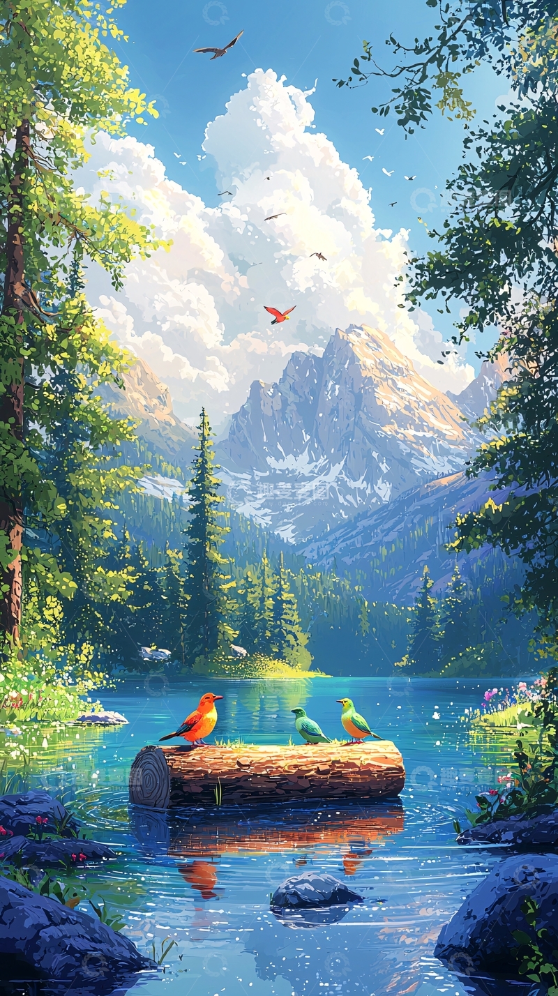 高清大图下载【趣麦麦图】湖边树桩上的小鸟