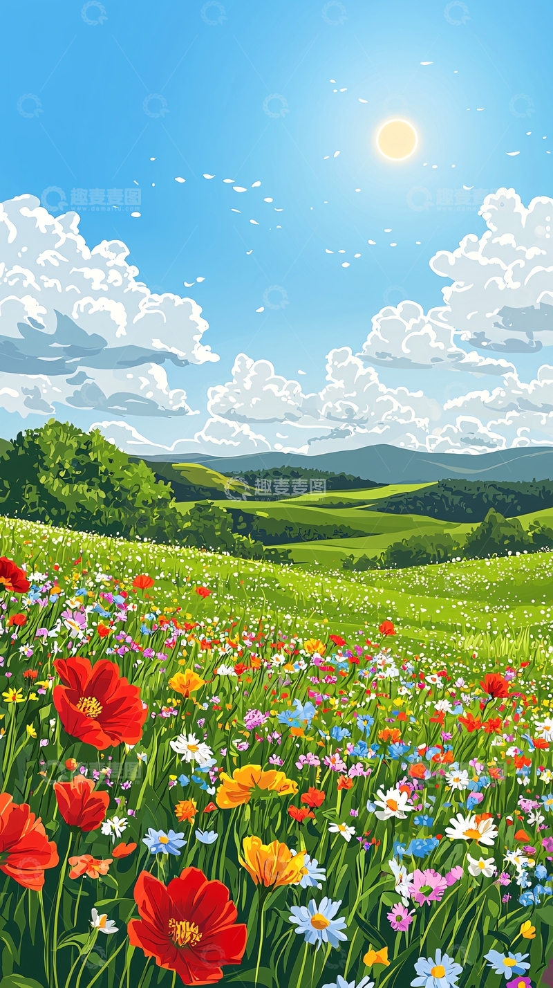 高清大图下载【趣麦麦图】阳光明媚的花田风景