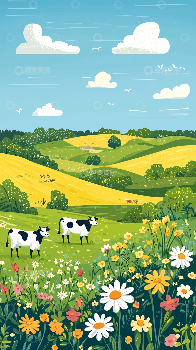 高清大图下载【趣麦麦图】田园风光卡通插画