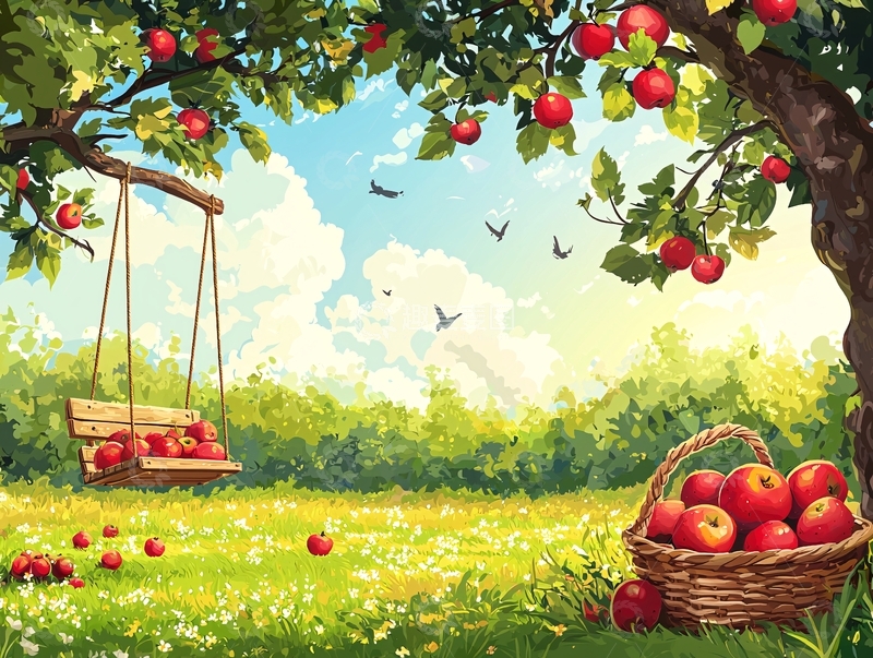 高清大图下载【趣麦麦图】苹果树下的秋千