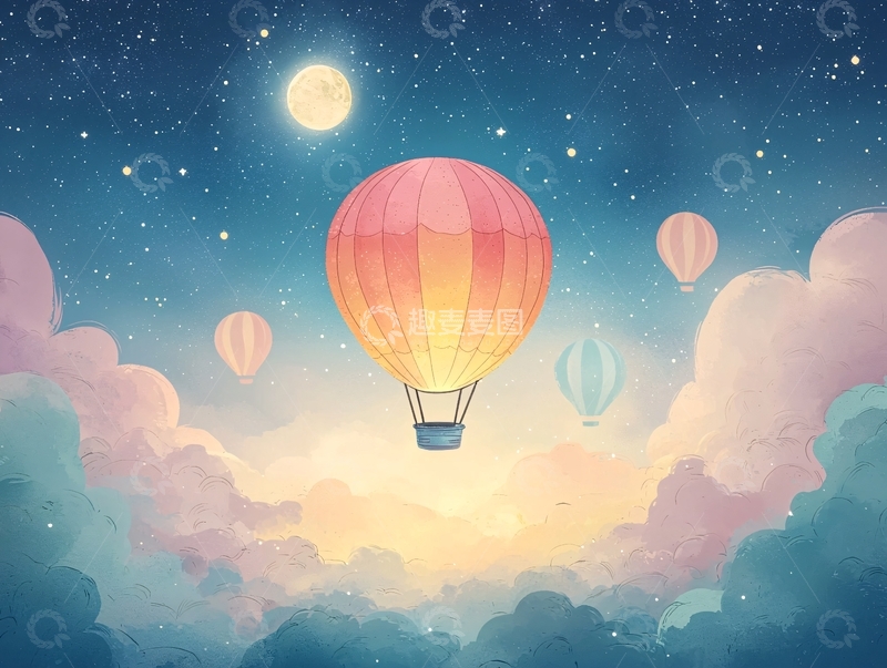 高清大图下载【趣麦麦图】热气球夜空唯美插画