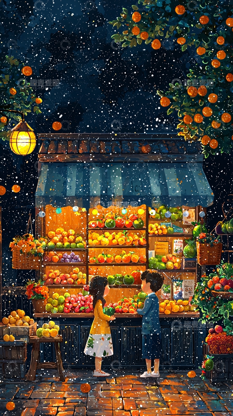 高清大图下载【趣麦麦图】夜晚水果摊