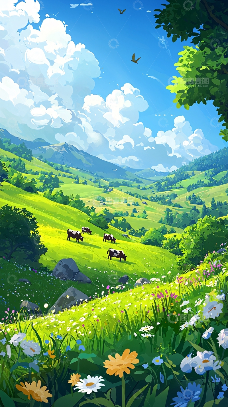 高清大图下载【趣麦麦图】绿色山坡与花朵