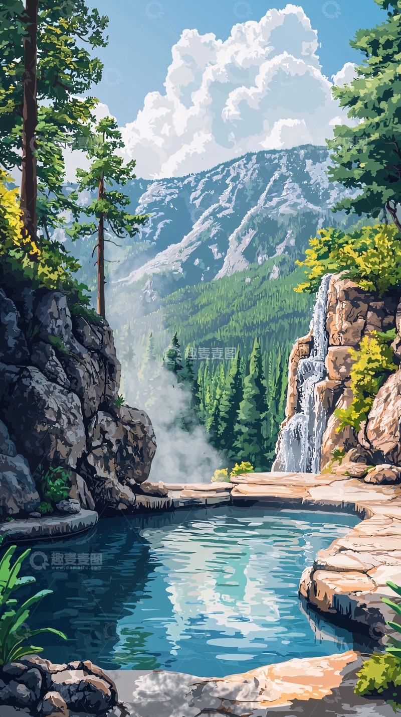 高清大图下载【趣麦麦图】山间瀑布温泉景色