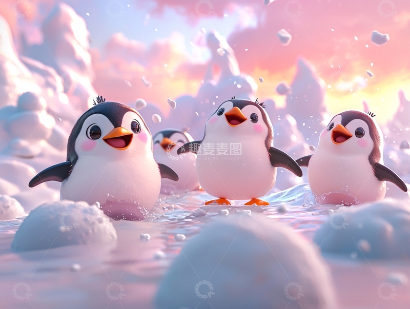 高清大图下载【趣麦麦图】可爱企鹅雪地嬉戏