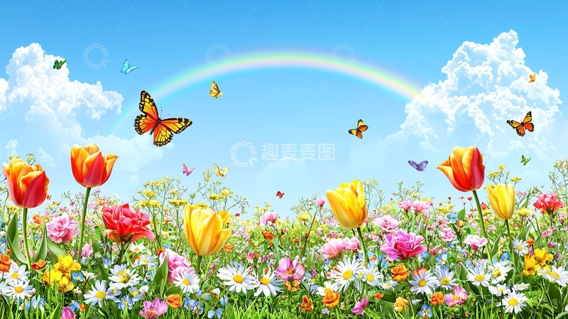 高清大图下载【趣麦麦图】鲜花草地蝴蝶彩虹