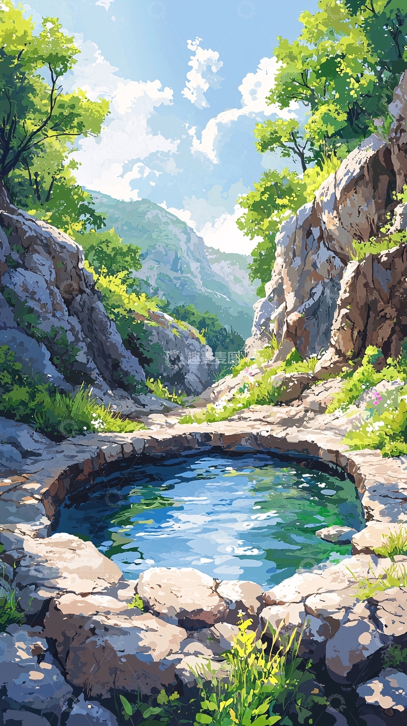 高清大图下载【趣麦麦图】山谷清泉绿树环绕